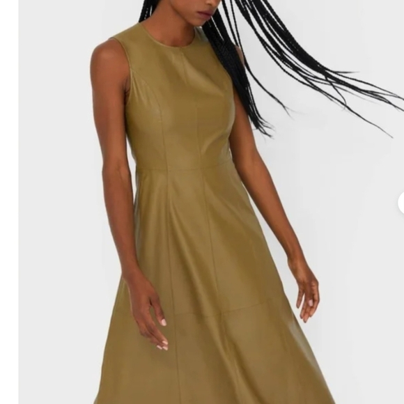 BNWT Stradivarius Olive Faux Leather Flare Midi Dress Sz L Sleek Look Night Out - Picture 2 of 9
